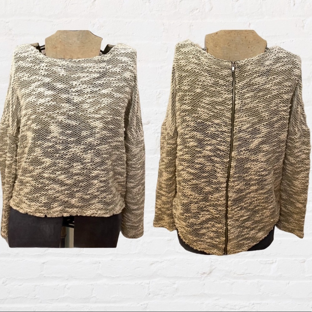 PPLA Green White Long Sleeve Sweater Zip Up Back Relaxed Fit